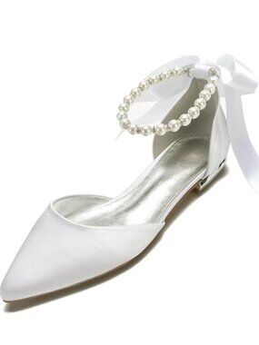 Women Satin Pearls Wedding Flats Shoes for Bride Pointed Toe White 9/ EU 40